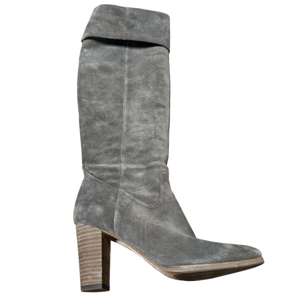 Belle by Sigerson Morrison Over Knee Boots Sz 8 Gray Suede Leather Block Heels